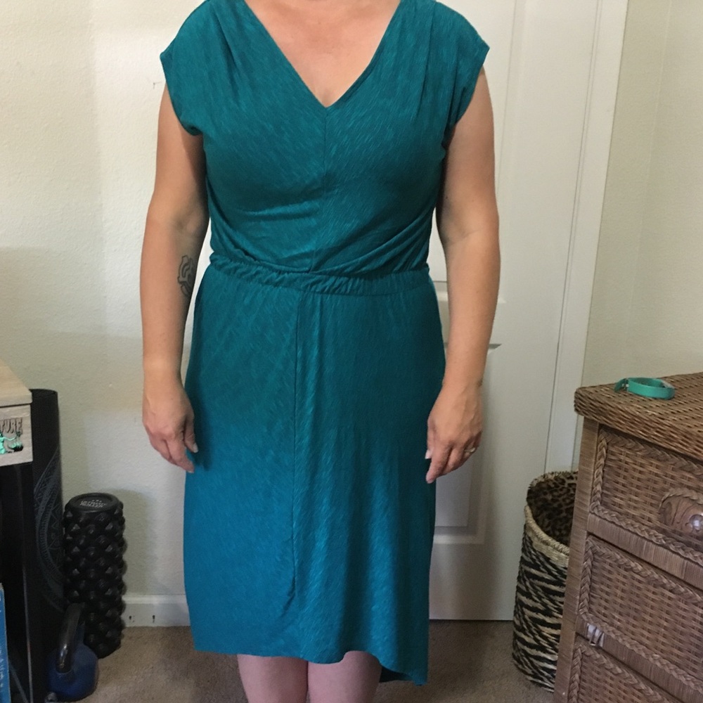 turquoise high low dress w/ thin black stripes